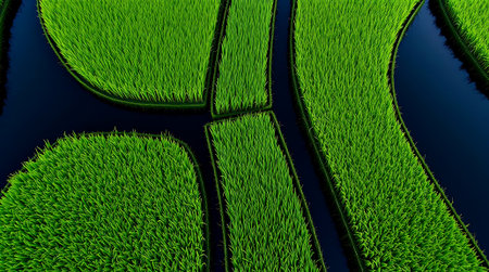 Experience the vibrant beauty of lush green rice fields dissected by deep blue water channels, offering a serene, abstract perspective on nature's bounty.の素材
