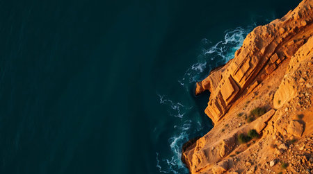 Experience the breathtaking beauty of nature with this aerial perspective of dramatic orange cliffs meeting the vast, deep blue ocean, showcasing crashing waves and rugged textures.の素材