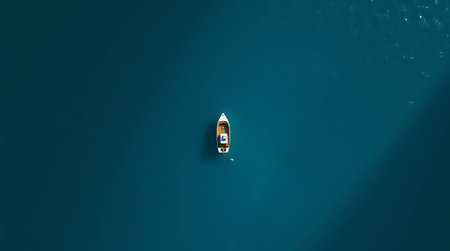 Experience ultimate freedom with a breathtaking aerial perspective of a lone boat navigating tranquil turquoise waters. Evokes peace, escape, and adventure.の素材