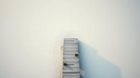 Discover tranquility on this minimalist wooden boardwalk leading to serene waters. Perfect for evoking peace, escape, and quiet contemplation in your designs.の素材