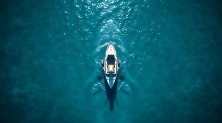 Experience ultimate freedom cruising on a sleek yacht across a vast, sunlit ocean. Embrace luxury, adventure, and serene blue waters.の素材