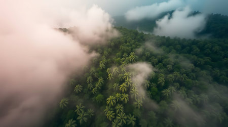 Experience the serene beauty of a misty tropical jungle from above. Lush palm trees emerge from ethereal morning fog, creating a tranquil, awe-inspiring natural landscape.の素材