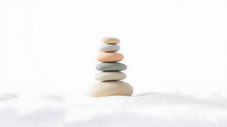 Discover inner peace and calm with a beautifully balanced stack of smooth, pastel stones. Perfect for conveying tranquility, wellness, and mindful moments.の素材