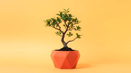 A single, vibrant green bonsai tree flourishes in a striking orange geometric pot, set against a warm yellow background. This image evokes growth, tranquility, and modern natural aesthetics.の素材
