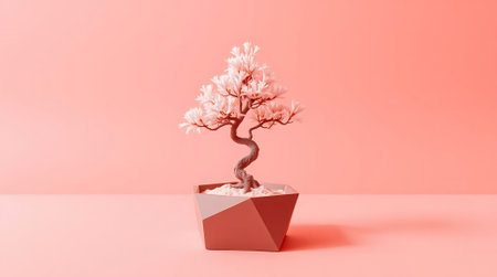A striking minimalist bonsai tree in a geometric planter, set against a soothing coral backdrop. Evokes peace, growth, and modern elegance for your projects.の素材