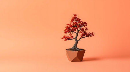 Experience tranquility with this stunning bonsai tree, featuring rich red leaves in a striking geometric pot. Its minimalist elegance creates a serene atmosphere perfect for wellness or modern decor.の素材