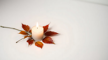 Experience serene warmth with a glowing candle nestled among vibrant autumn leaves, perfect for conveying peace, reflection, and seasonal beauty.の素材