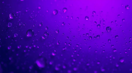 Experience the invigorating beauty of sparkling water droplets on a vibrant purple surface. This clean, fresh macro shot evokes purity and serenity, perfect for modern design.の素材