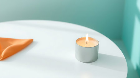 Experience tranquility with a gently glowing candle on a minimalist white surface, accented by a vibrant orange napkin and soft shadows.の素材