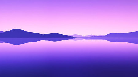 Discover breathtaking serenity with this stunning landscape, showcasing majestic mountains mirrored on a tranquil purple lake under a soft gradient sky.の素材