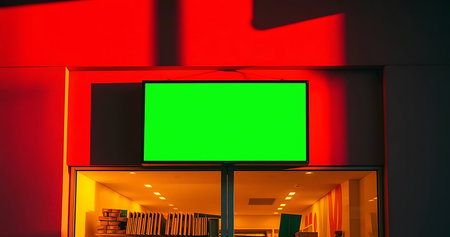 Captivating green screen billboard bathed in dramatic red light, perfect for dynamic retail displays and impactful marketing campaigns. Endless creative possibilities await.の素材