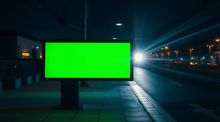 Capture attention with this dynamic green screen billboard, perfectly poised on a busy city street at night, ready for your compelling marketing message.の素材