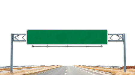 Customize this blank green highway sign with your message. Perfect for guiding travelers or making announcements on an open road journey towards new opportunities.の素材