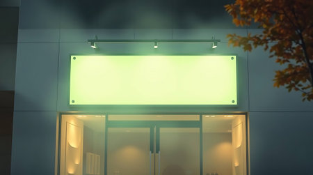 Sleek modern storefront at dusk, featuring a prominent illuminated blank sign perfect for custom branding, with warm interior lighting and a touch of autumn color.の素材