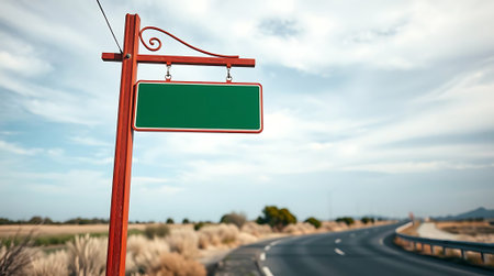 A blank green signpost stands beside a curving highway, inviting custom messages amidst a vast, arid landscape. Perfect for travel themes, guidance, or informational graphics.の素材