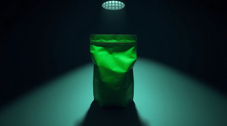 A bold green pouch commands attention under dramatic spotlighting, perfect for showcasing new products with a clean, modern, and professional aesthetic that captivates buyers.の素材