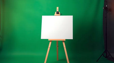 Versatile studio setup featuring a blank canvas on an easel against a vibrant green screen, perfect for professional video or photo production and creative projects.の素材