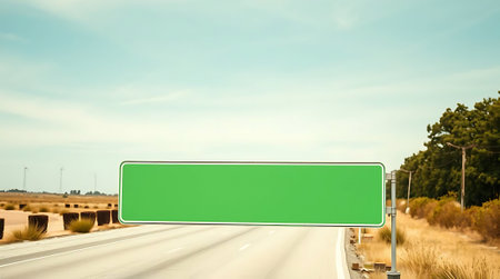 Create your own narrative with this versatile blank green highway sign, perfect for conveying any message on a scenic roadside journey.の素材