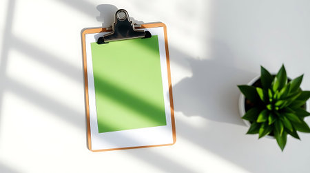 A clean, bright scene featuring a clipboard with blank green paper, bathed in natural sunlight and soft shadows, beside a vibrant potted succulent.の素材