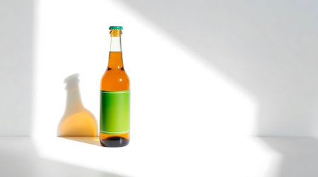 A crisp amber drink in a clear bottle with a customizable green label, highlighted by striking light and shadow play. Perfect for modern beverage branding and advertising.の素材