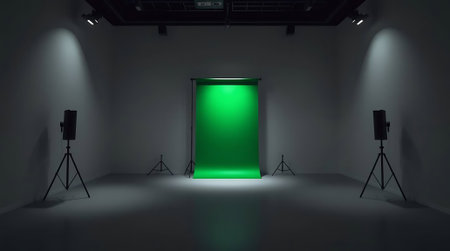 Unlock limitless possibilities with this professionally equipped studio featuring a vibrant green screen and dynamic lighting, perfect for any creative production or visual effects project.の素材