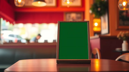 A blank green display board on a cafe table awaits your personalized message, ideal for showcasing specials or promotions in a warm, inviting atmosphere.の素材