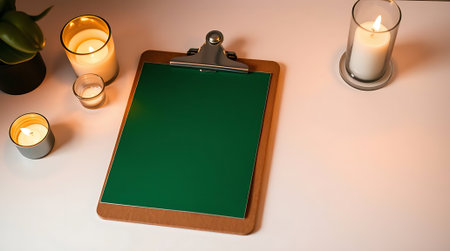A tranquil scene with a wooden clipboard and lit candles invites focused work or creative planning. Perfect for promoting calm productivity and modern home office vibes.の素材