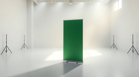 Highlight your brand with this clean, bright studio setup featuring a blank green banner on tripod stands, perfect for impactful presentations and custom messaging.の素材