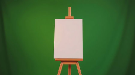 A clean white canvas sits on a sturdy wooden easel, perfectly primed for your next masterpiece or impactful presentation against a striking green backdrop.の素材