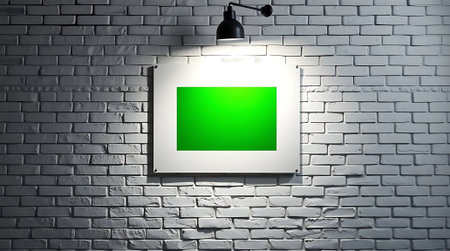 A striking modern gallery scene features a vibrant green display on a white canvas, dramatically lit by a spotlight against a textured brick wall, perfect for presentations or artistic showcases.の素材