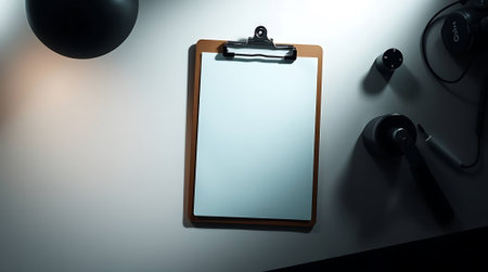 Organize your thoughts and plans on this sleek clipboard, surrounded by essential modern tech. Ideal for brainstorming and creative workflow.の素材