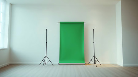 Ready your creative vision with this professional studio setup, featuring a versatile green screen and essential lighting stands for limitless production possibilities.の素材