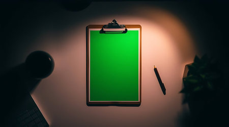 Create your vision with this professional workspace scene featuring a blank green clipboard, pen, and plant, illuminated by dramatic spotlighting for ultimate impact.の素材