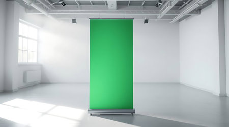 A luminous studio setting featuring a vibrant green screen backdrop, perfect for creating engaging virtual backgrounds and dynamic visual content for any project.の素材