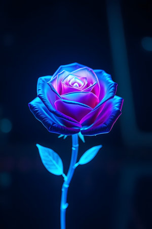 Experience the captivating allure of a luminous neon rose, its petals radiating electric blue and vibrant pink against a deep, mysterious backdrop. Perfect for modern, elegant, or romantic themes.の素材