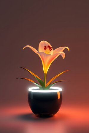 Experience the allure of a luminous lily, elegantly presented in a modern black pot, enhanced by a captivating neon glow for a touch of sophisticated ambiance.の素材