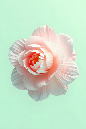 Experience the exquisite beauty of a delicate pink camellia flower, captured in soft light against a soothing mint green background. Perfect for wellness, beauty, or serene lifestyle themes.の素材
