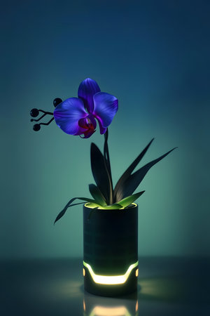 Experience the captivating beauty of a vibrant blue orchid, artfully presented in a modern planter emitting a soft, elegant glow. Perfect for adding a touch of sophisticated tranquility to any space.の素材