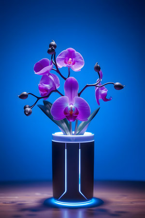 Discover exquisite purple orchids in a sleek, illuminated vase, creating a captivating visual that blends natural beauty with futuristic design. Perfect for modern interiors and serene moods.の素材