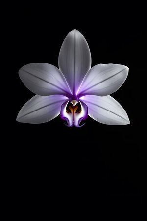Experience the stunning beauty of an elegant white orchid. Its vibrant purple center pops against a deep black background, creating a luxurious and minimalist aesthetic perfect for sophisticated projects.の素材