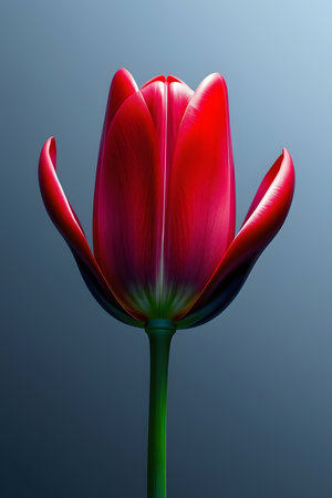 Experience the exquisite beauty of a single, vibrant red tulip. Its delicate petals unfurl against a soft, calming backdrop, evoking feelings of love and natural elegance.の素材