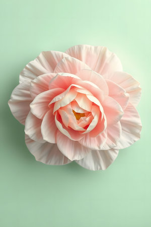 Experience the exquisite beauty of a delicate pink camellia, its soft petals unfurling against a calming mint green backdrop. Perfect for conveying elegance, nature's artistry, and serene moments.の素材