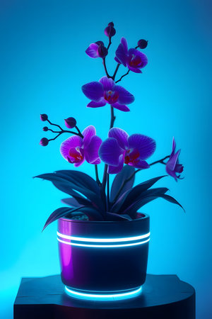 Captivating purple orchids emerge in full bloom, set against a striking neon-lit planter and a vivid blue backdrop, evoking modern elegance and serene beauty.の素材