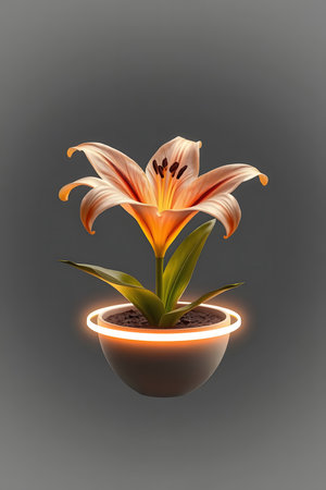 Experience the serene beauty of a radiant orange lily, perfectly potted with a subtle neon glow. This exquisite bloom brings modern elegance and natural tranquility to any space.の素材