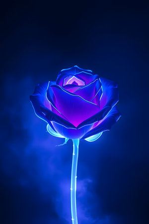 Experience the captivating allure of a neon-lit rose, its petals radiating a vibrant blue and purple glow against a deep, mysterious backdrop. Perfect for modern romance and fantasy themes.の素材