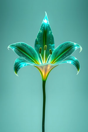 Experience the enchanting glow of this unique teal lily, a mesmerizing botanical wonder. Its bioluminescent petals radiate ethereal light, embodying natural beauty and serene elegance.の素材