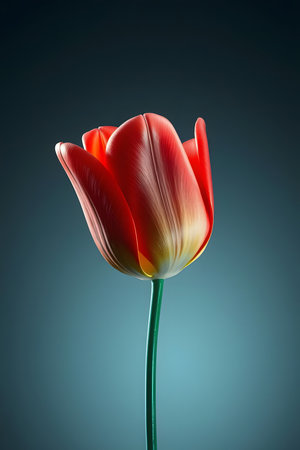 Captivating close-up of a radiant red tulip, showcasing its velvety petals and graceful green stem. Perfect for designs celebrating nature's beauty, spring, or romantic themes.の素材