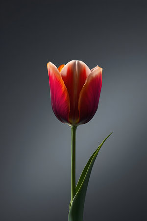 Experience the exquisite beauty of a single red tulip, its petals kissed with white and orange hues. A perfect symbol of spring's renewal and natural elegance.の素材