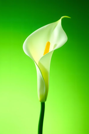A striking white Calla Lily, showcasing its delicate petals and vibrant yellow center, is beautifully illuminated against a soft, luminous green gradient. Evokes purity, elegance, and natural beauty.の素材