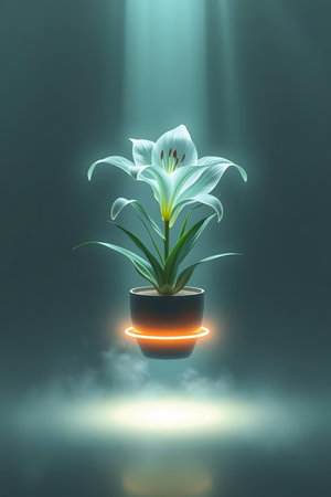 Experience the magic of a surreal floating lily, bathed in mystical light. This ethereal bloom evokes tranquility and wonder, perfect for projects seeking a touch of magic and natural beauty.の素材